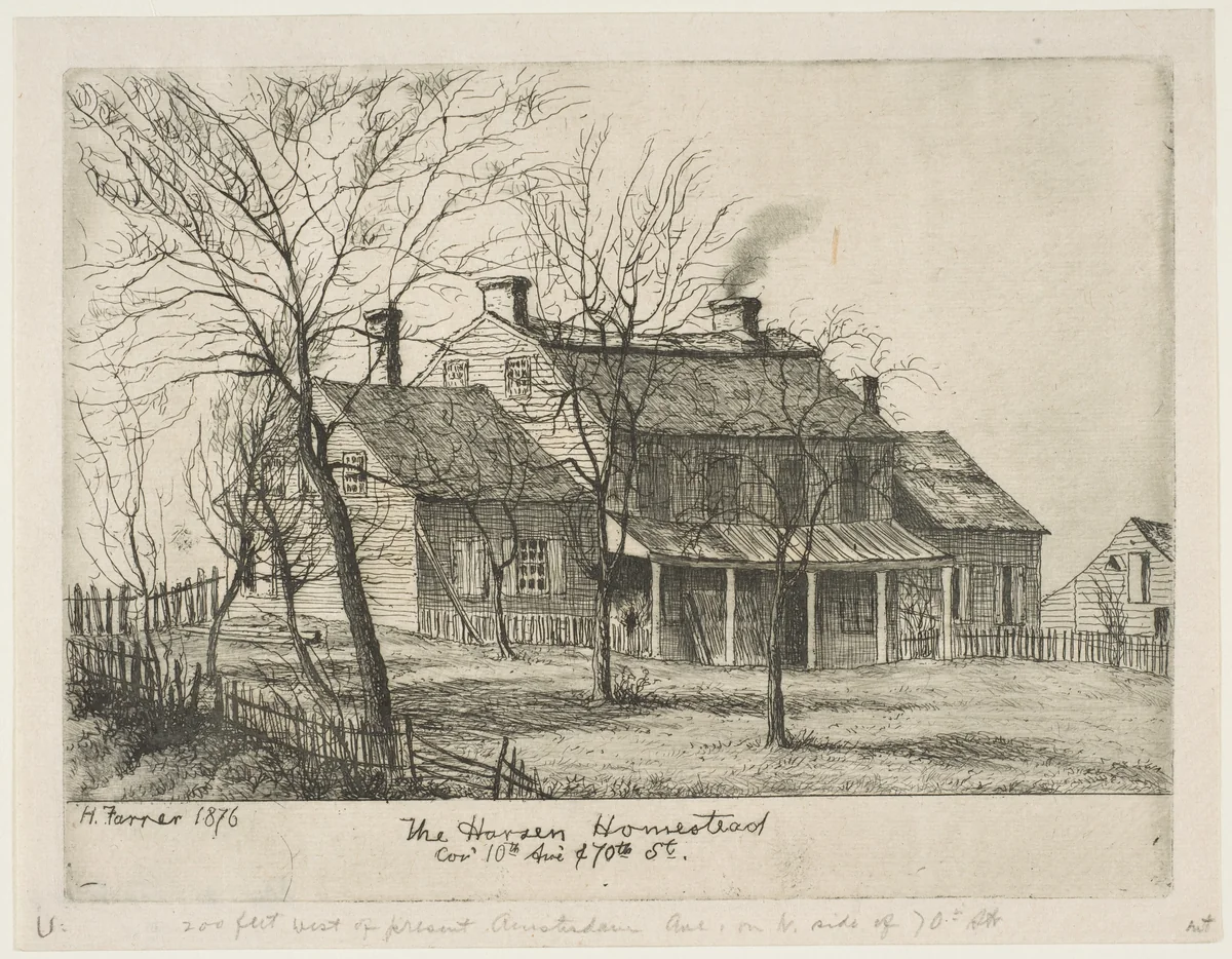 The Harsen Homestead, Corner of 10th Avenue and 70th Street, from "Scenes of Old New York" by Henry Farrer, print, 1876