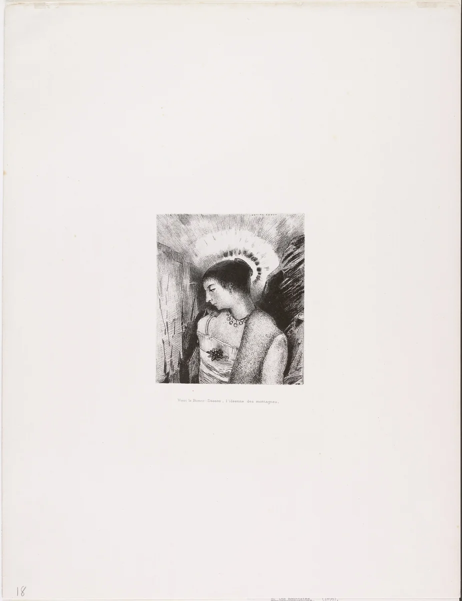 Here Is the Good Goddess, the Idaean Mother of the Mountains (Voici la bonne-déesse, l'idéenne des montagnes) from The Temptation of Saint Anthony (La Tentation de Saint-Antoine) by Odilon Redon, print, 1896