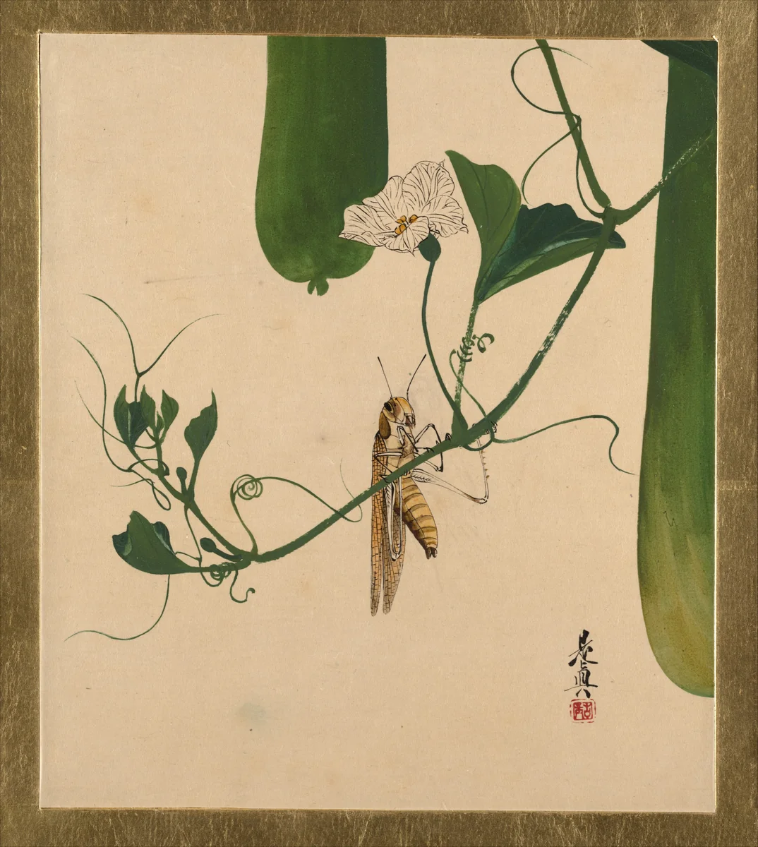 Lacquer Paintings of Various Subjects: Grasshopper on Gourd Vine by Shibata Zeshin (柴田是真), painting, 1882