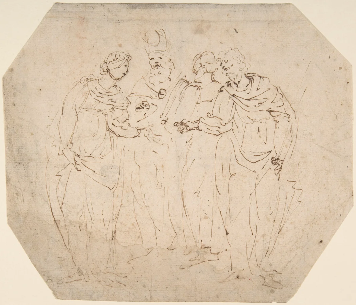 Meeting of Four Figures by anonymous, drawing, 1600-1699