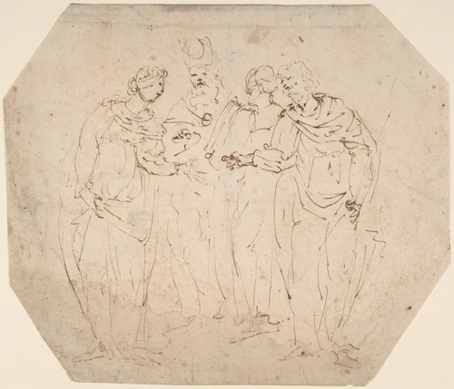 Meeting of Four Figures by anonymous, drawing, 1600-1699