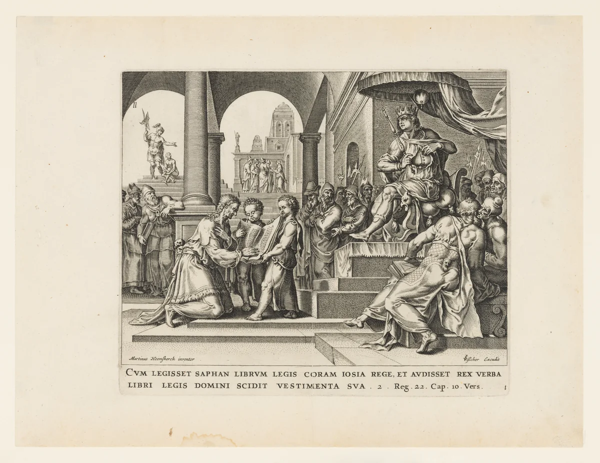 Saphan Reading the Book of the Law to Josiah by Claes Jansz Visscher, print, 1564-1646