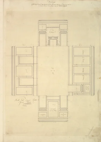 Treasury House, 10 Downing Street, London: Plan of the First-floor Parlor (Northeast Corner Room) by Isaac Ware, drawing, 1732-1735