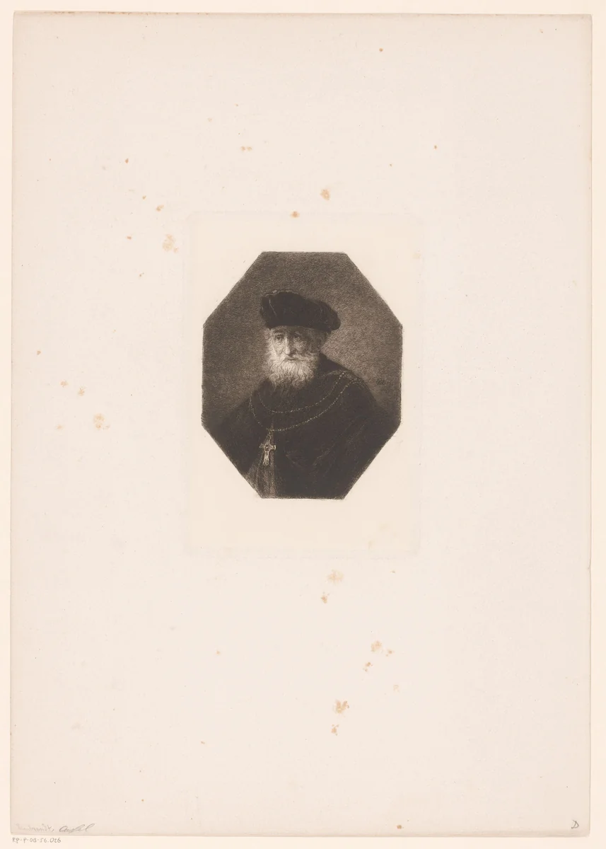 Oude man met een baret en ketting met kruis by William Unger, print, 1847-1889