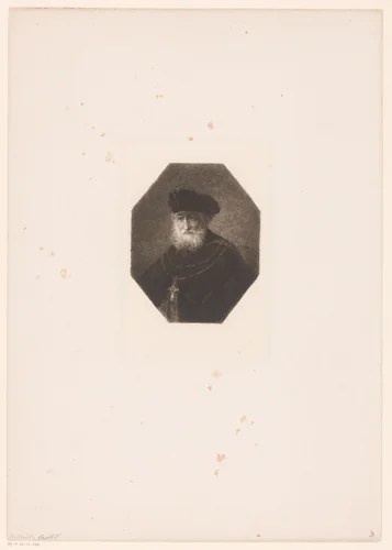 Oude man met een baret en ketting met kruis by William Unger, print, 1847-1889