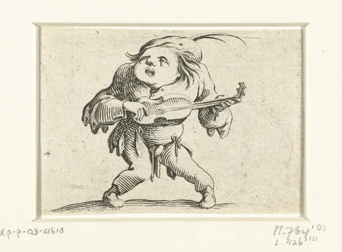 Kleine mens (karikatuur) met gitaar by Jacques Callot, print, 1621-1625