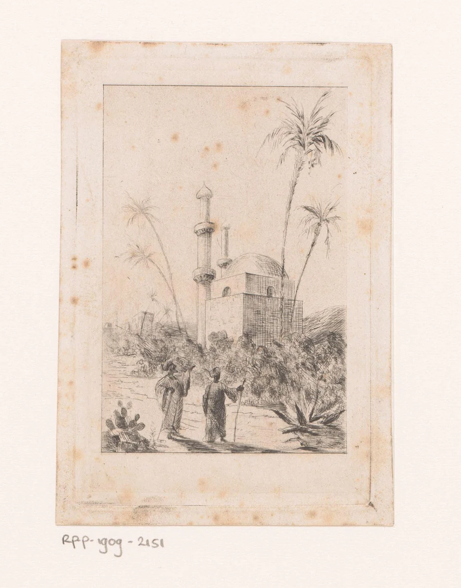 Twee wandelaars bij een moskee by Arthur-Jean Le Bailly d'Inghuem, print, 1875