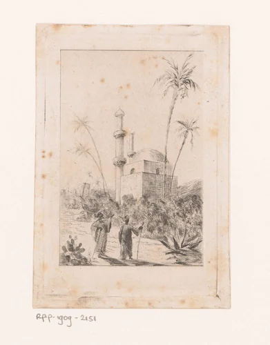 Twee wandelaars bij een moskee by Arthur-Jean Le Bailly d'Inghuem, print, 1875