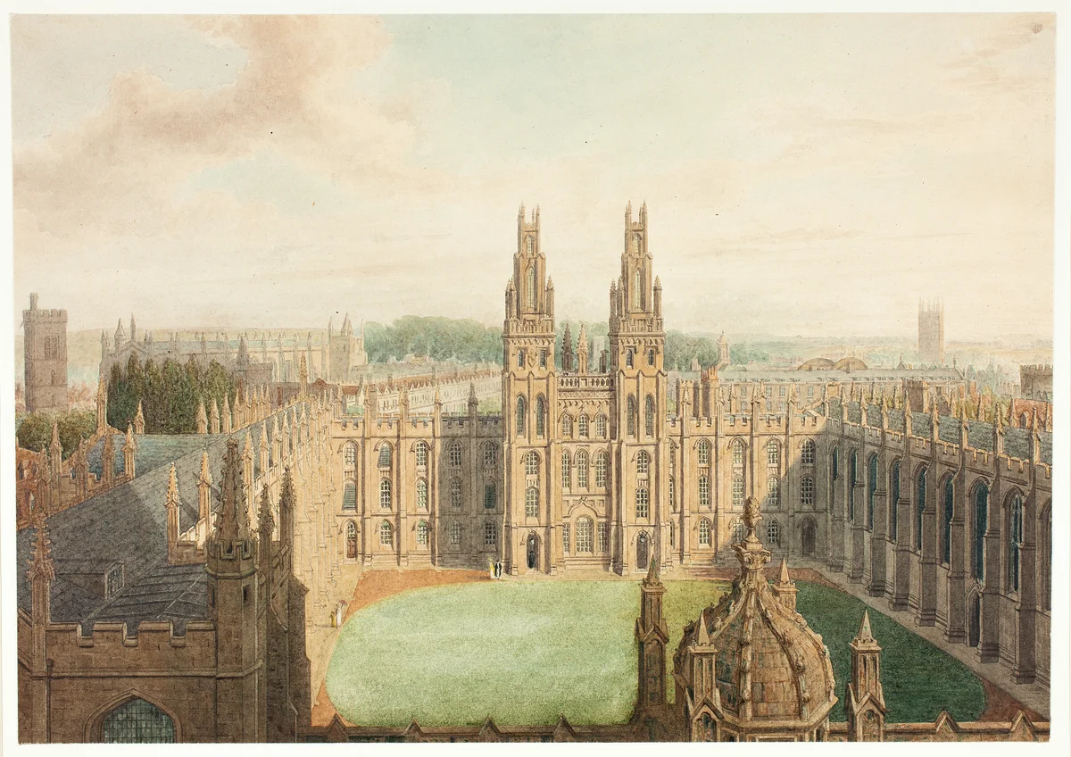 All Soul's College from the Radcliffe Library by Augustus Charles Pugin, painting, 1810-1820