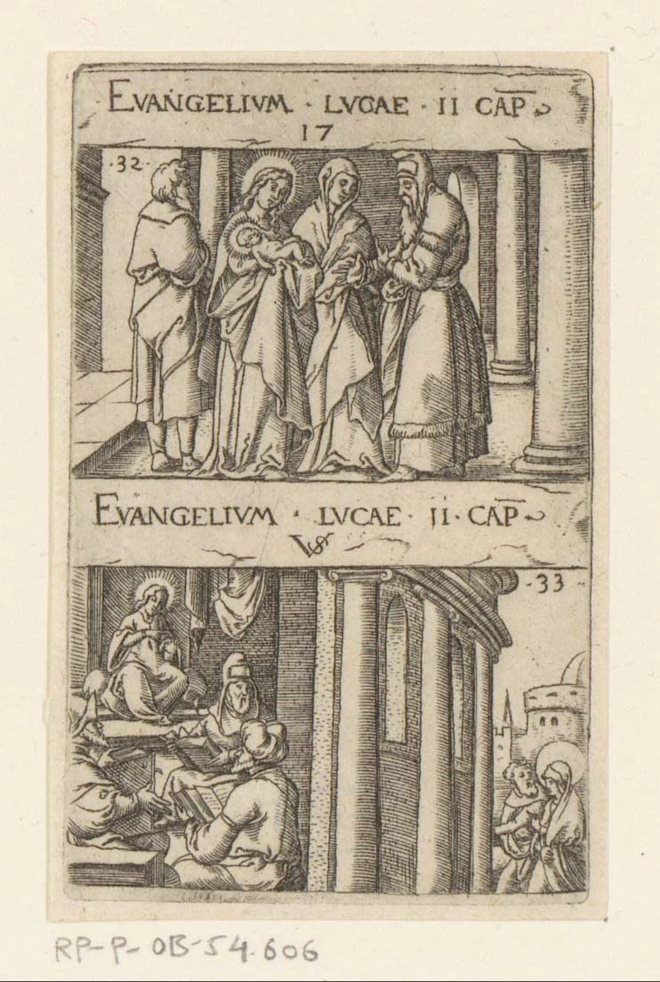 Presentatie van Christus in de tempel en Christus onder de schriftgeleerden in de tempel by Unknown, print, 1524-1562