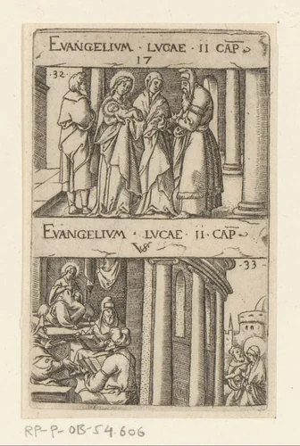Presentatie van Christus in de tempel en Christus onder de schriftgeleerden in de tempel by Unknown, print, 1524-1562