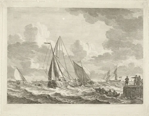 Zeilschepen op woelig water by Gerrit Groenewegen, print, 1769-1826