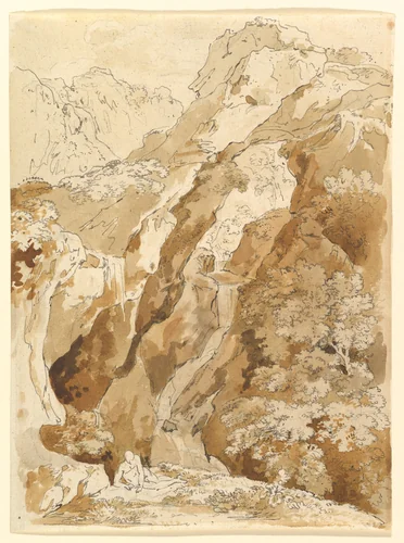 Reclining Man in a Mountainous Landscape with Waterfalls by Johann Georg von Dillis, drawing, 1770-1841