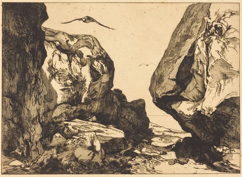 Gorge in the Rocks (Gorge dans les rochers) by Félix Bracquemond; Jules Laurens, print, 1855-1856