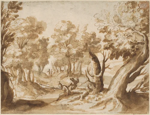 Two Figures Fishing in a Landscape by Francesco Allegrini, drawing, 1615-1679