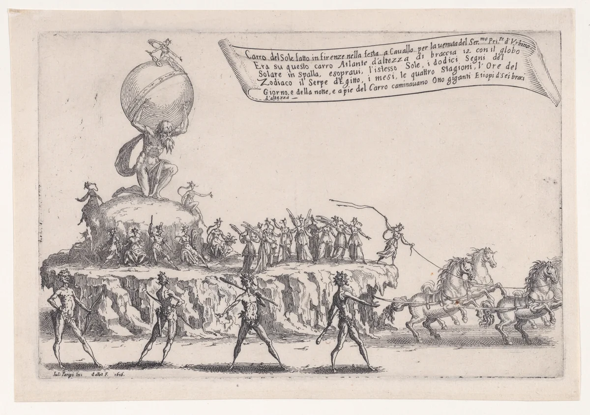 Le Char du Soleil (The Chariot of Sun), from "Guerre de Beauté" (Guerra di Bellezza) (War of Beauty) by Jacques Callot, print, 1616