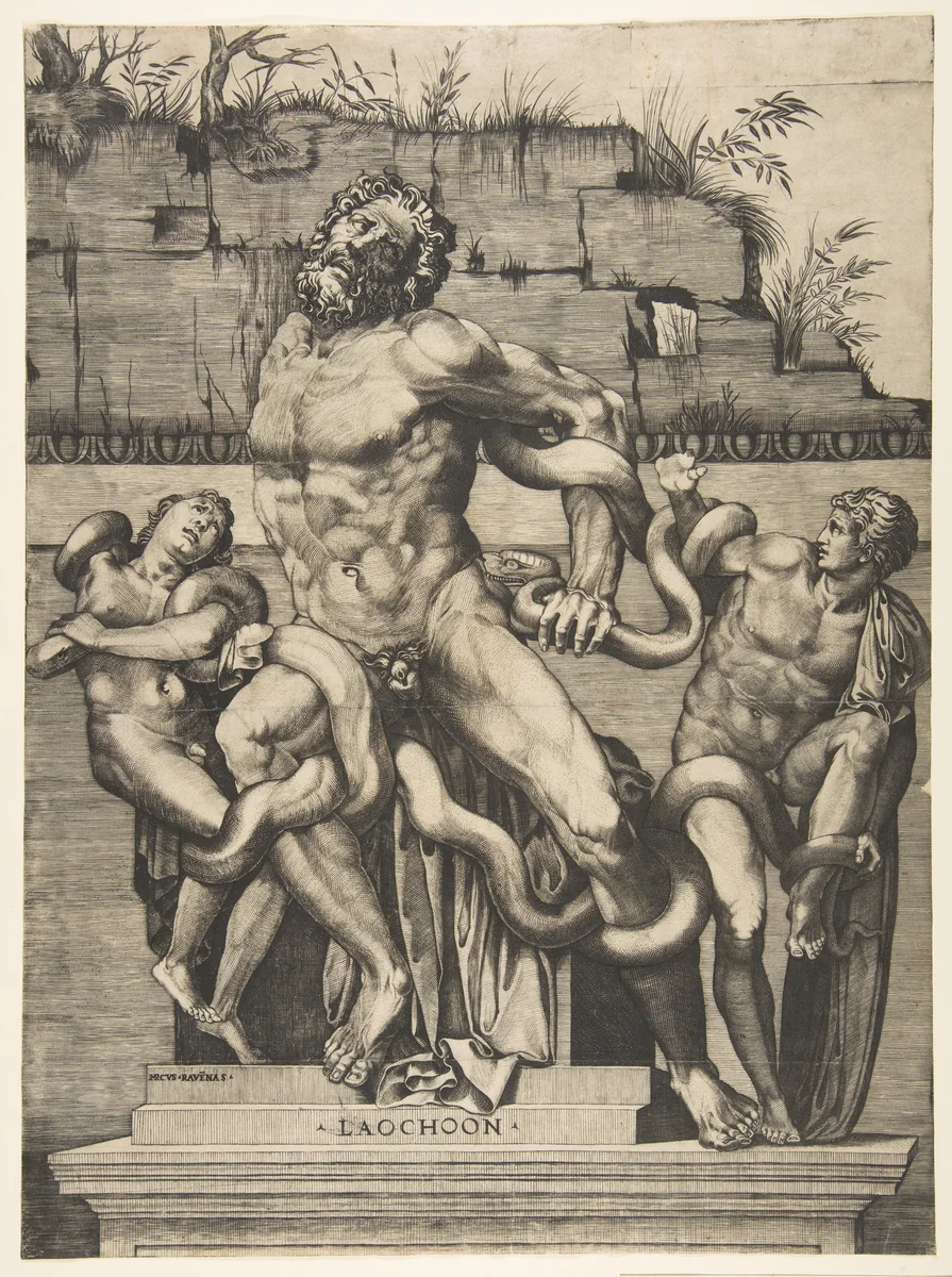 Laocoön and his sons being attacked by serpents by Marco Dente, print, 1510-1532