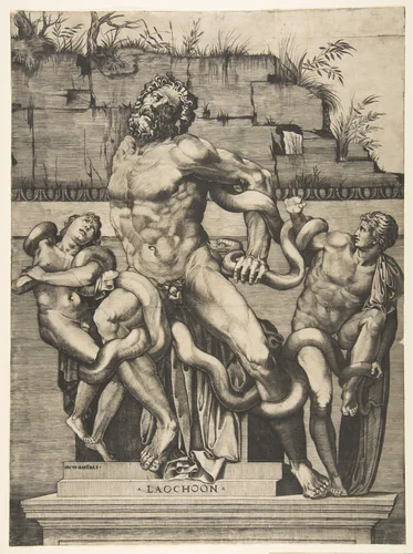 Laocoön and his sons being attacked by serpents by Marco Dente, print, 1510-1532