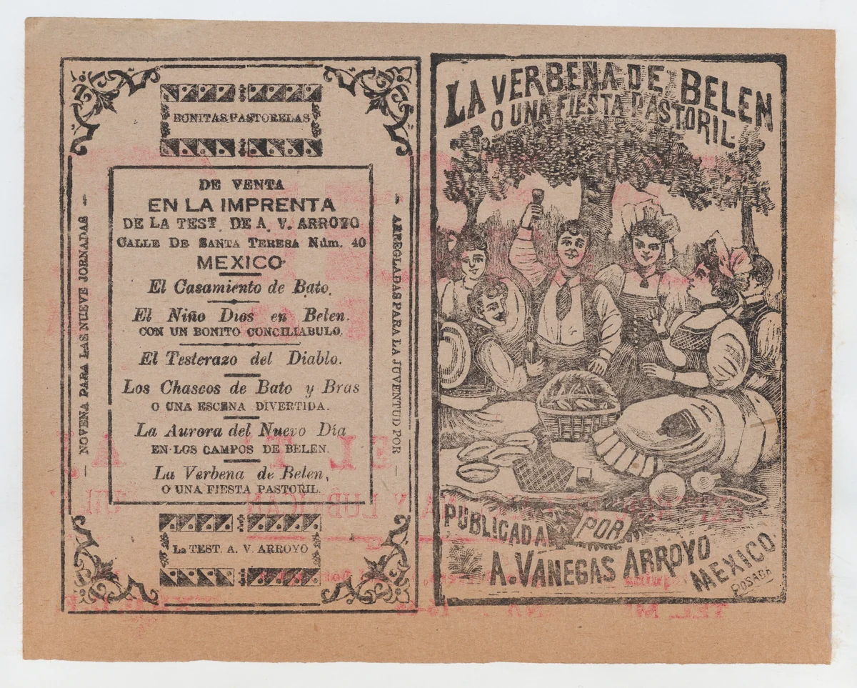 Cover for 'La Verbena de Belen o Una Fiesta Pastoril", people having a picnic in a field by José Guadalupe Posada, print, 1886-1896