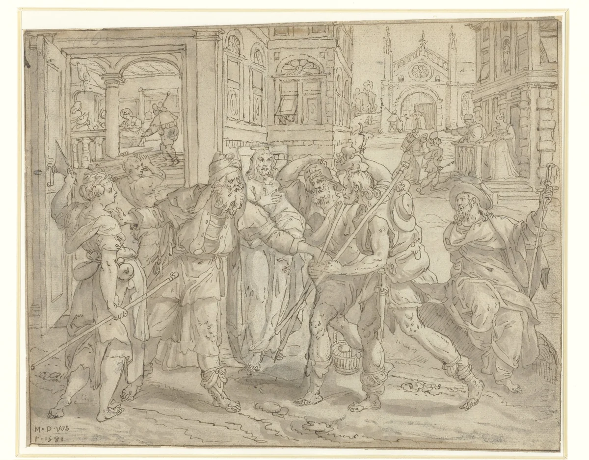 Het herbergen van vreemdelingen by Maerten de Vos, drawing, 1581