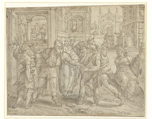 Het herbergen van vreemdelingen by Maerten de Vos, drawing, 1581