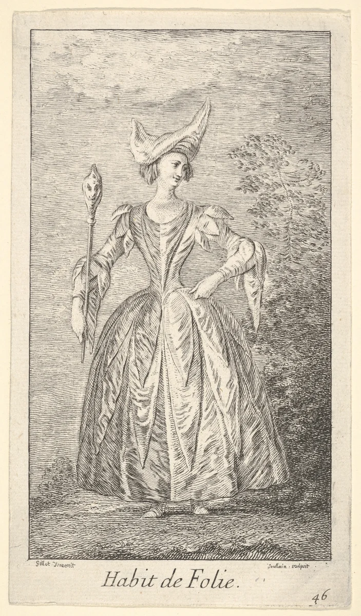 Plate 46: Habit de Folie: a woman in a ballet pose, wearing a bonnet and holding a marotte in her right hand, from "New designs for costumes" (Nouveaux desseins d'habillements à l'usage des balets operas et comedies) by Claude Gillot, print, 1716-1726