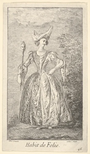 Plate 46: Habit de Folie: a woman in a ballet pose, wearing a bonnet and holding a marotte in her right hand, from "New designs for costumes" (Nouveaux desseins d'habillements à l'usage des balets operas et comedies) by Claude Gillot, print, 1716-1726