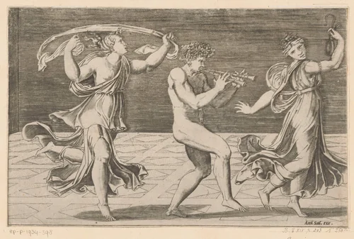 Dansende sater en maenaden by Agostino Veneziano, print, 1516-1562