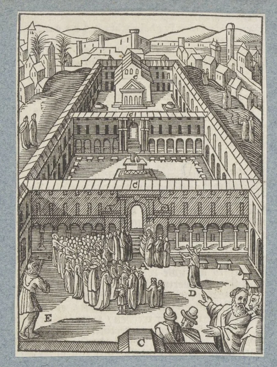 Gelijkenis van de farizeeër en de tollenaar in de tempel by Christoffel van Sichem, print, 1629