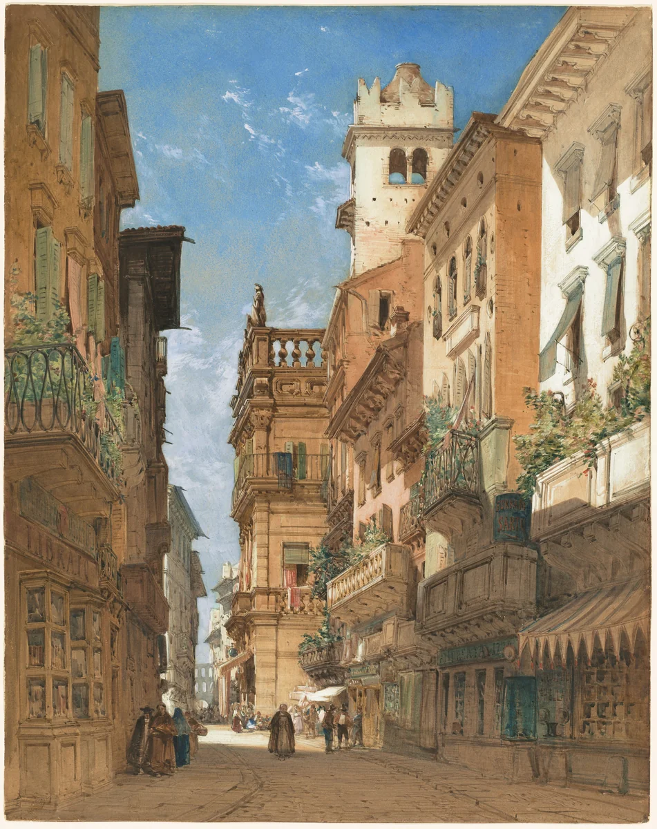 Corso Sant' Anastasia with the Palazzo Maffei in Verona by William Callow, drawing, 1855