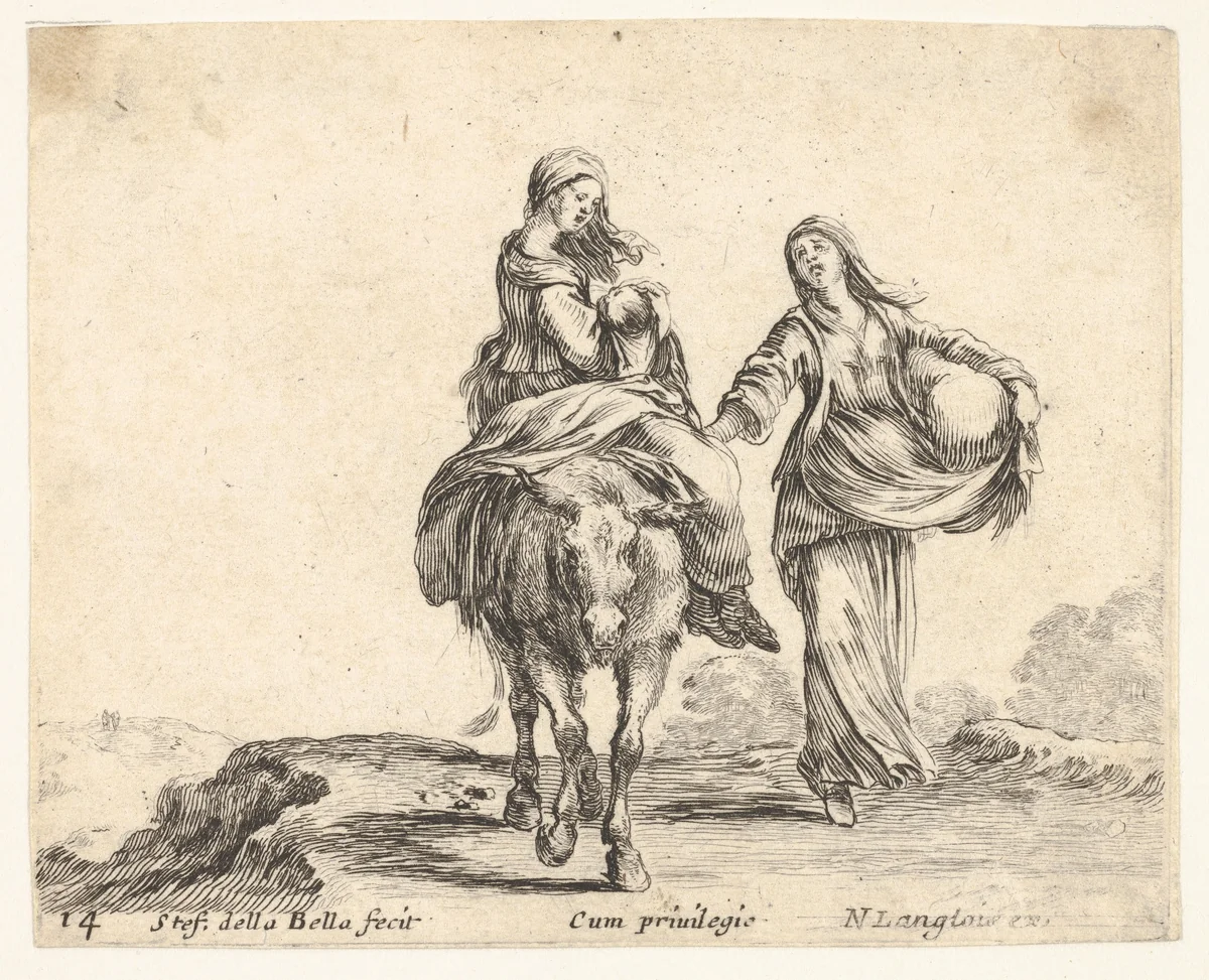 Plate 14: a young peasant woman and her child sitting side saddle atop a horse in center, another peasant woman to right, holding a large bag in her left arm, from "Diversi Capricci" by Stefano della Bella, print, 1644-1647