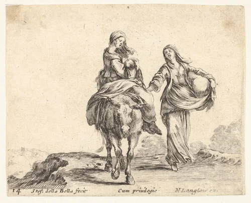 Plate 14: a young peasant woman and her child sitting side saddle atop a horse in center, another peasant woman to right, holding a large bag in her left arm, from "Diversi Capricci" by Stefano della Bella, print, 1644-1647