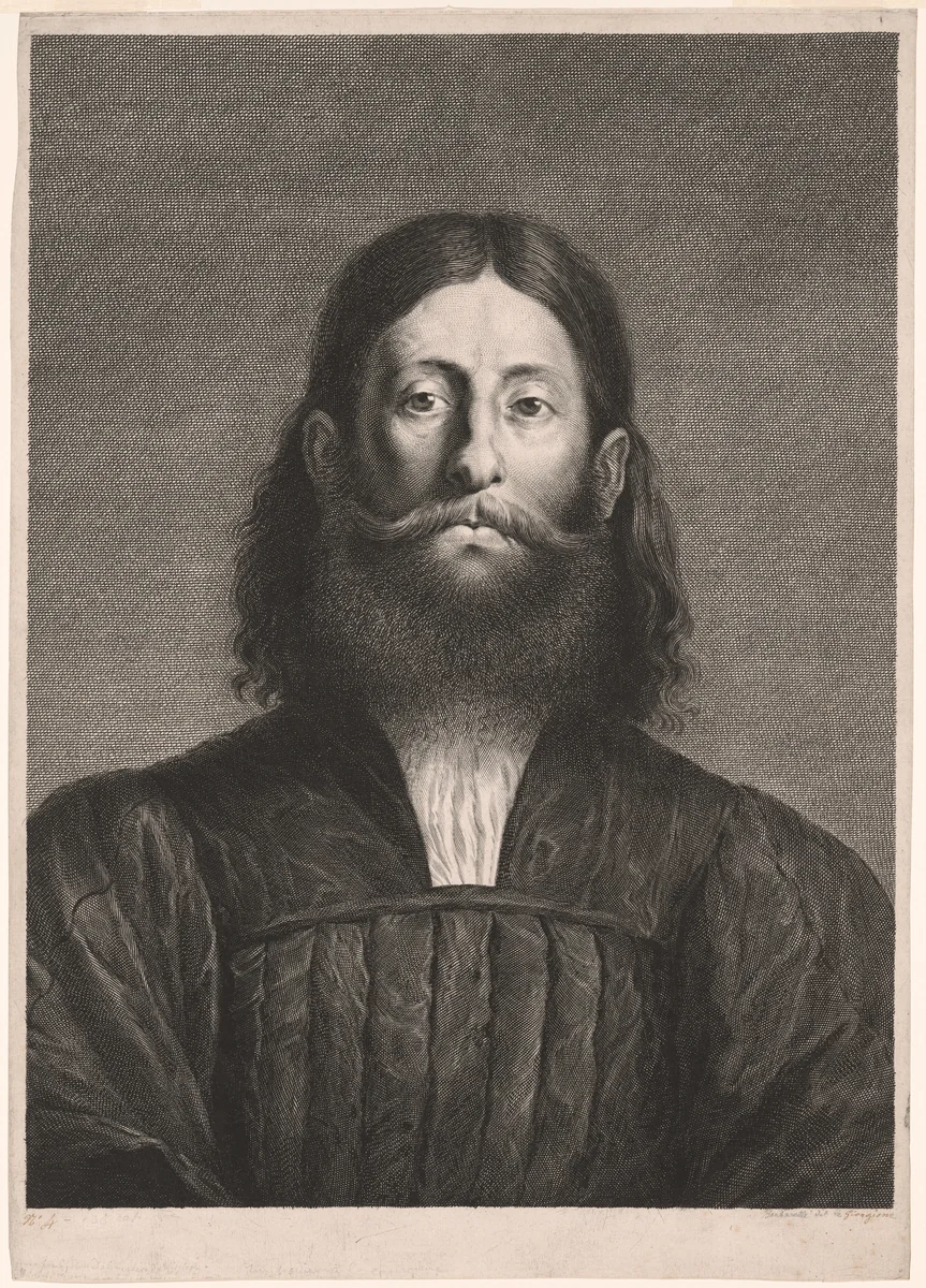 Portrait of a Bearded Man (so-called portrait of Giorgione), from Cabinet Reynst; Variarum imaginum a celeberrimis artificibus pictarum Caelaturae (Cabinet Reynst: Engravings of various images painted by famous artists) by Cornelis van Dalen II, print, 1655-1658