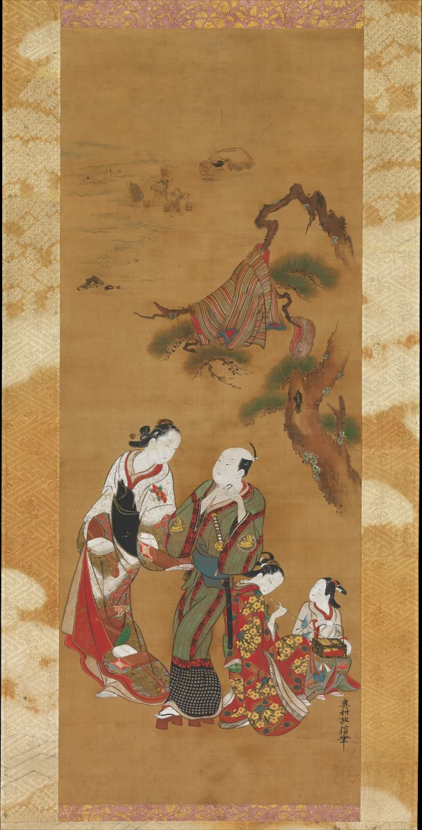 Yukihira and Two Brinemaidens at Suma by Okumura Masanobu (奥村政信), painting, 1700-1764