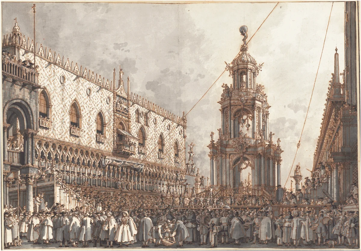 The "Giovedì Grasso" Festival before the Ducal Palace in Venice by Canaletto, drawing, 1763-1766