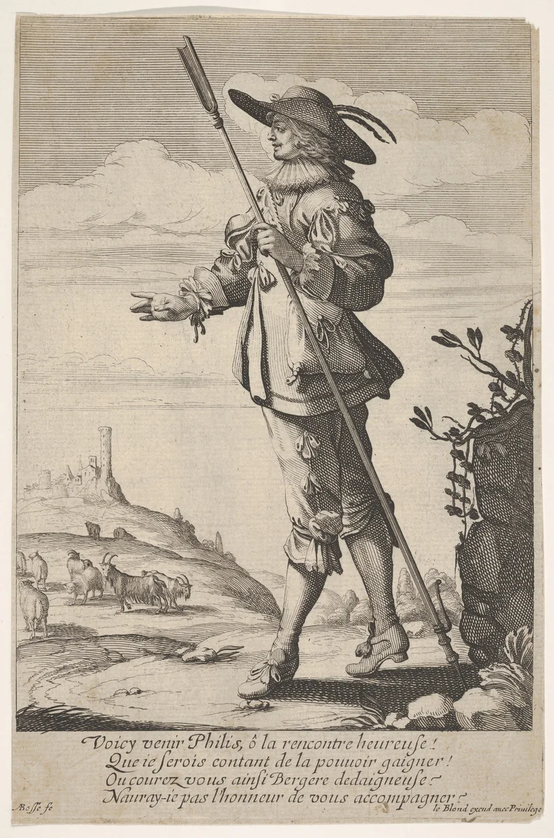 A shepherd holding a crook in his left hand and walking with a hill, a town and goats in the distance at left by Abraham Bosse, print, 1635-1645