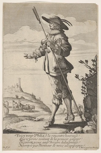 A shepherd holding a crook in his left hand and walking with a hill, a town and goats in the distance at left by Abraham Bosse, print, 1635-1645