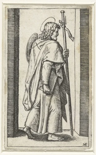 Apostel Jakobus de Meerdere (Major) met pelgrimshoed en pelgrimsstaf by Marcantonio Raimondi, print, 1517-1527