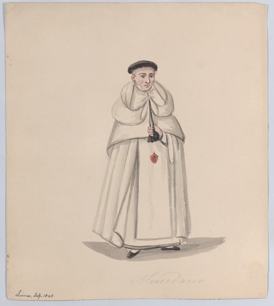 A priest from the Mercederian order (Order of Our Lady of Mercy), from a group of drawings depicting Peruvian dress by Francisco Fierro, drawing, 1848