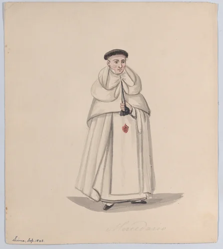A priest from the Mercederian order (Order of Our Lady of Mercy), from a group of drawings depicting Peruvian dress by Francisco Fierro, drawing, 1848