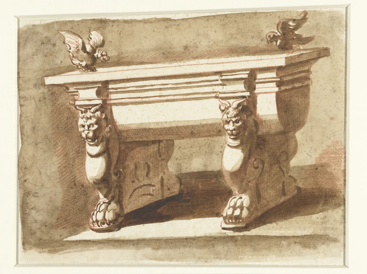 Antieke tafel op trapezophoren in de vorm van leeuwen met hoorns by Etienne de Lavallée-Poussin, drawing, 1762-1777