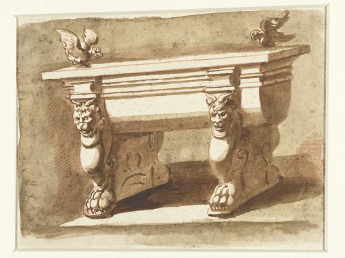 Antieke tafel op trapezophoren in de vorm van leeuwen met hoorns by Etienne de Lavallée-Poussin, drawing, 1762-1777