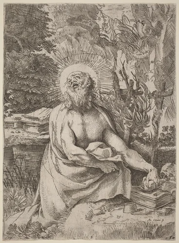 Saint Jerome in the Wilderness by Annibale Carracci; Pietro Stefanoni, print, 1591