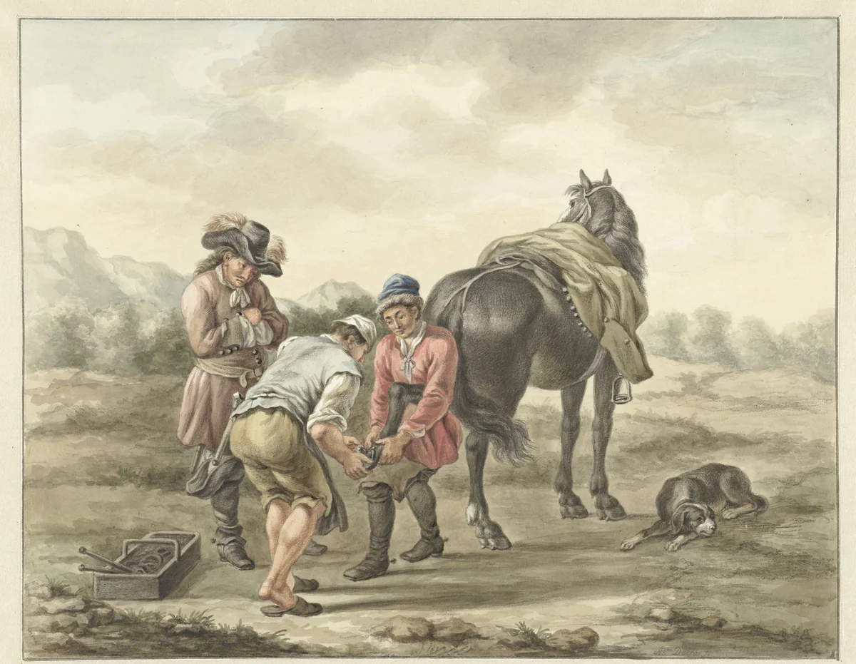 Hoefsmid in landschap by Abraham Delfos, drawing, 1741-1820