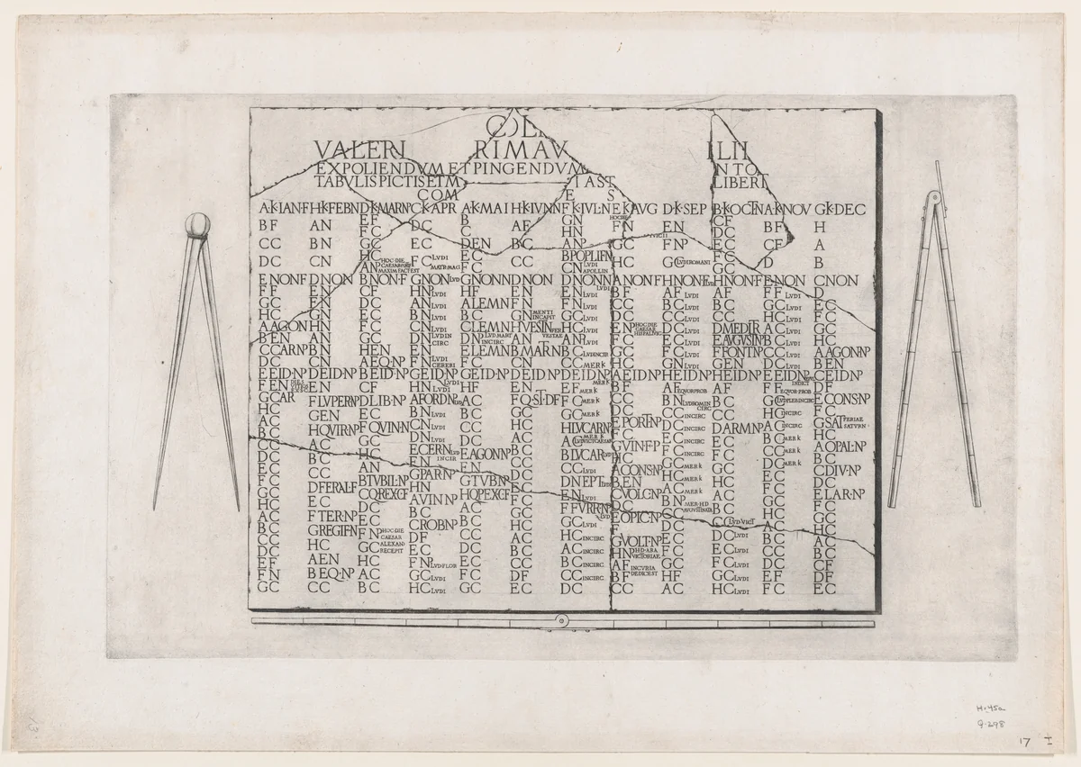 Tablet with Calendar from the Farnese Palace, from "Speculum Romanae Magnificentiae" by anonymous, print, 1530-1580
