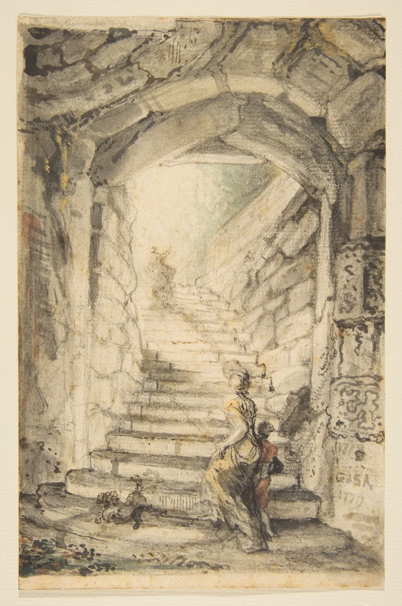 The Curving Stair by Gabriel de Saint-Aubin, drawing, 1778-1779