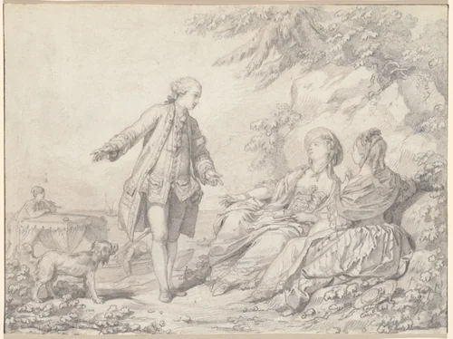 A Man and Two Women on a Rocky Shore by Jean Baptiste Le Prince, drawing, 1734-1781