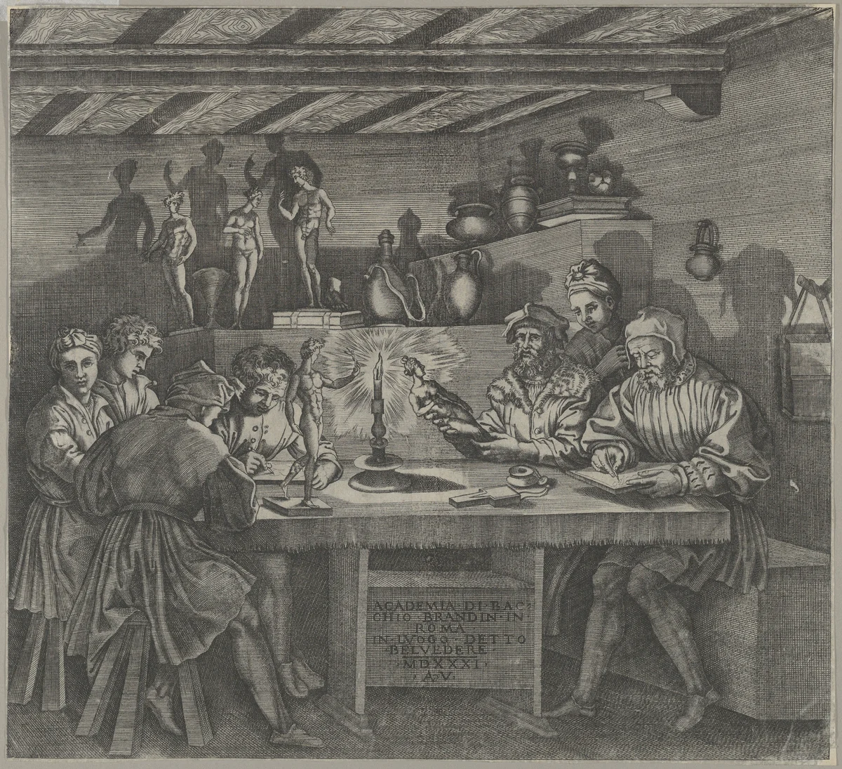 Baccio Bandinelli in his studio holding a statuette of Venus, students sketching from a model by candlelight by Agostino Veneziano, print, 1531