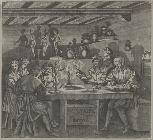 Baccio Bandinelli in his studio holding a statuette of Venus, students sketching from a model by candlelight by Agostino Veneziano, print, 1531