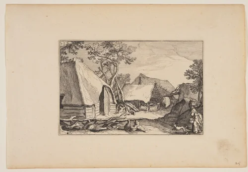Barns, Woman and Dog in Right Foreground, from Landscapes (Verscheyden aerdige Lanthuysen...) by Claes Jansz Visscher, print, 1620
